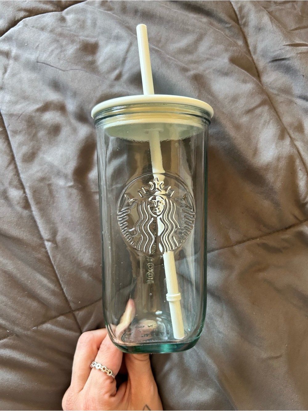 Starbucks Glass Tumbler with Cream Lid and Straw - Embossed Siren